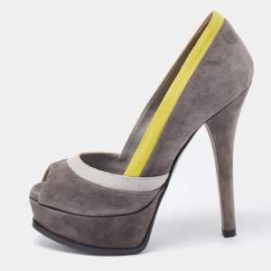 Pre Owned Fendi Grey/Yellow Suede Fendista Peep Toe Platform Pumps Size 36