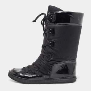 Pre Owned Fendi Black Nylon And Patent Midcalf Boots Size 38.5