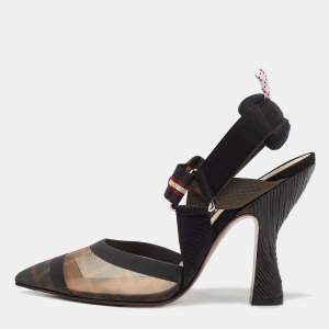 Pre Owned Fendi Brown Zucca Mesh and Canvas Colibri Slingback Pumps Size 39