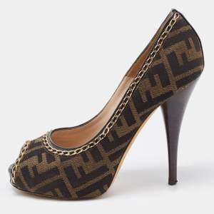 Pre Owned Fendi Brown Zucca Canvas Chain Embellished Peep Toe Pumps Size 37