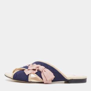 Fendi Navy Blue/ Pink Crisscross Fabric Bow Flat Slides Size 39