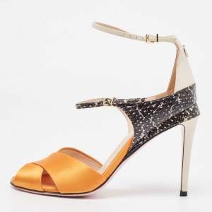 Fendi Multicolor Satin And Python Embossed Leather Criss Cross Ankle Strap Sandals Size 37