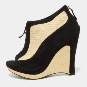 Pre Owned Fendi Black/Beige Suede and Raffia Wedge Peep Toe Booties Size 37