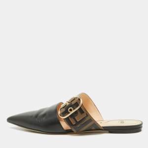 Fendi Black/Tobacco Zucca Leather Flat Mule Sandals Size 37