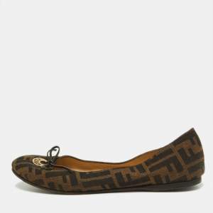 Pre Owned Fendi Tobacco Zucca Canvas Logo Bow Ballet Flats Size 38