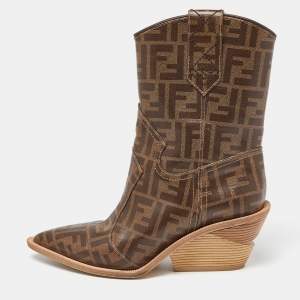 Pre Owned Fendi Brown Zucca Coated Canvas Pointed Toe Ankle Boots Size 37