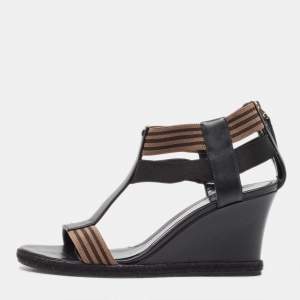 Fendi Black/Brown Leather and Elastic Fabric T-Strap Espadrille Wedge Sandals Size 38