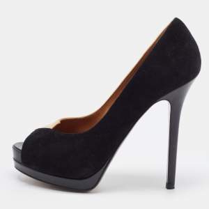 Pre Owned Fendi Black/Beige Suede Peep Toe Platform Pumps Size 38