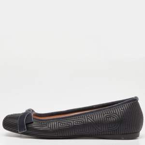 Pre Owned Fendi Black/Grey Leather and Velvet Bow Ballet Flats Size 39