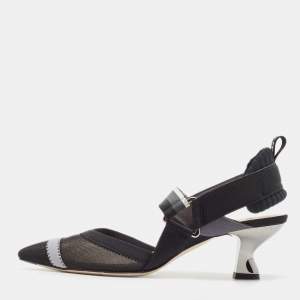Fendi Black/White Mesh and Canvas Colibri Slingback Pumps Size 36.5