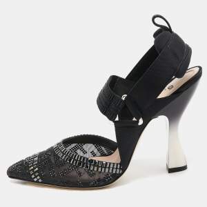 Pre Owned Fendi Black Embellished Mesh And Nylon Colibri Slingback Sandals Size 38