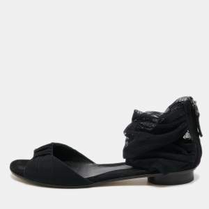 Fendi Black Fabric and Suede Bow Open Toe Flat Sandals Size 37 