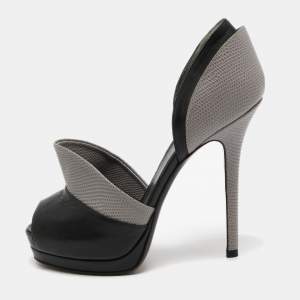 Fendi Grey/Black Leather and Lizard Embossed Leather Peep Toe  Anemone Pumps Size 36.5
