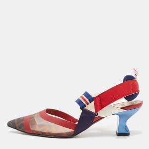 Pre Owned Fendi Tricolor Zucca Mesh and Leather Colibri Slingback Pumps Size 37
