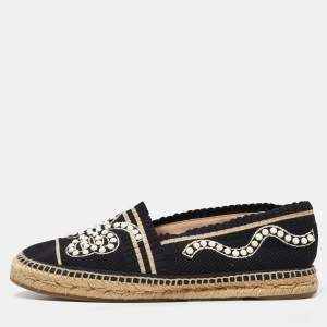 Pre Owned Fendi Black/Beige Knit Fabric Pearl Embellished Espadrille Flats Size 41