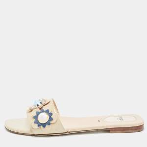 Fendi Beige Patent Leather Flower Embellished Flat Slides Size 38