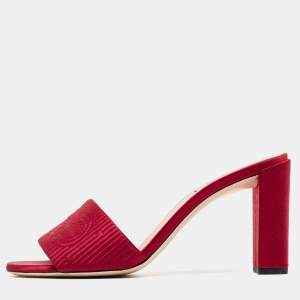 Fendi Burgundy Satin Logo Embroidered Block Heel Slide Mules Size 38.5