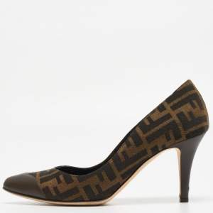 Pre Owned Fendi Brown Zucca Canvas And Leather Pointed Toe Pumps Size 38.5