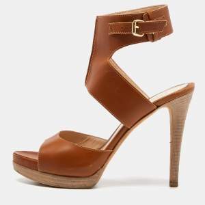 Fendi Brown Leather Ankle Strap Platform Sandals Size 38.5