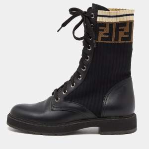 Fendi Black Leather and Zucca Stretch Fabric Rockoko Combat Boots Size 38