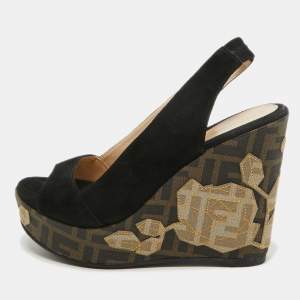 Fendi Black Suede Zucca Appliqued Wedge Platform Slingback Sandals Size 38.5