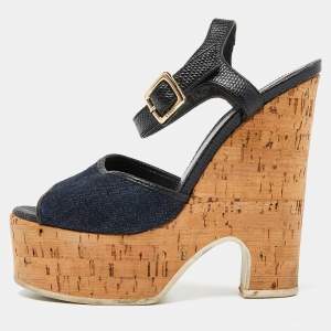 Pre Owned Fendi Navy Blue/Black Denim and Lizard Embossed Leather Cork Wedge Platform Ankle Strap Sandals Size 35