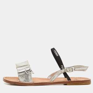 Pre Owned Fendi Silver/Black Textured Suede and Logo Elastic Flat Sandals Size 36