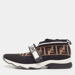 Pre Owned Fendi Black/Brown Zucca Print Knit Fabric and Mesh Rockoko Sneakers Size 37