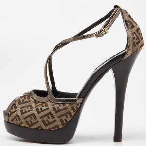 Fendi Beige/Brown Zucchino Canvas and Laminated Leather Cross Strap Platform Sandals Size 37