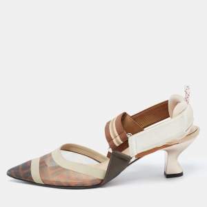 Pre Owned Fendi Tricolor Zucca Mesh and Leather Colibri Slingback Pumps Size 37.5