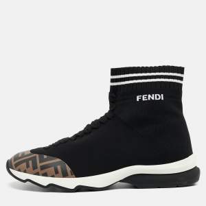 Pre Owned Fendi Black/Brown Knit Fabric and Canvas Sock High Top  Sneakers Size 40