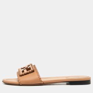 Fendi Light Brown Leather Flat Slides Size 40