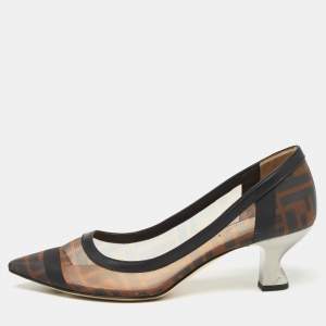 Pre Owned Fendi Brown/Black Zucca Mesh and Leather Colibri Pumps Size 37