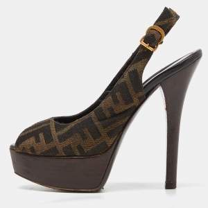 Pre Owned Fendi Brown Zucca Canvas Fendista Peep Toe Slingback Pumps Size 36