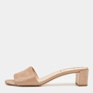 Pre Owned Fendi Beige Satin Logo Embroidered Slide Sandals Size 37