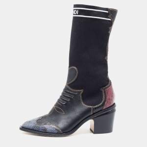 Fendi Black Leather and Snakeskin Patchwork Cowboy Mid Calf Boots Size 37