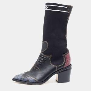 Pre Owned Fendi Black Leather and Snakeskin Patchwork Cowboy Mid Calf Boots Size 37