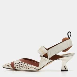 Fendi White/Brown Perforated Leather and Fabric Colibri Slingback Pumps Size 36