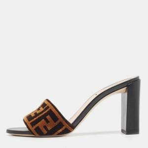 Fendi Brown/Black Velvet Logo  Slide Sandals Size 38