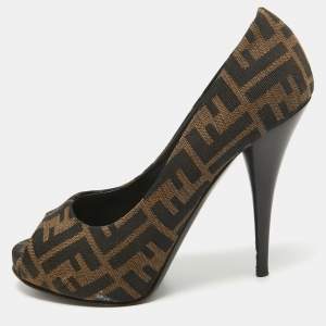 Fendi Brown Zucca Canvas Open Toe Pumps Size 39.5