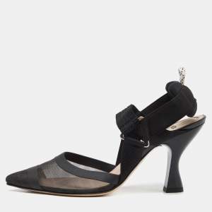 Pre Owned Fendi Black Zucca Mesh and Canvas Colibri Slingback Pumps Size 38