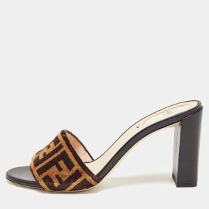 Fendi Brown/Beige Zucca Velvet Slide Sandals Size 39.5