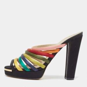 Fendi Multicolor Satin Strappy Platform Slide Sandals Size 40