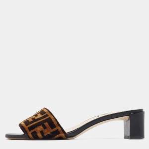 Pre Owned Fendi Brown/Black FF Velvet and Leather Slide Sandals Size 36.5