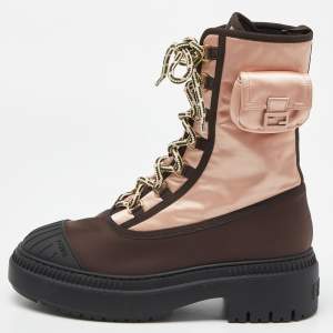 Pre Owned Fendi Pink/Brown Satin and Nylon Combat Boots Size 40