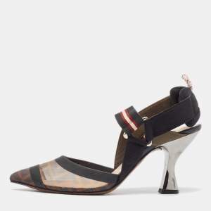 Pre Owned Fendi Brown/Black Mesh and Canvas Colibri  Pumps Size 36.5