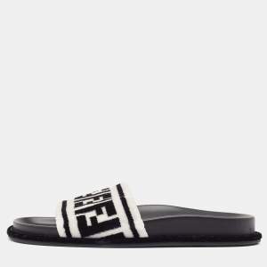 Fendi Black/White Fur FF Flat Slides Size 38.5