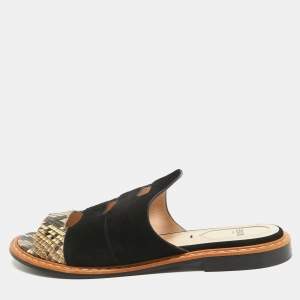 Pre Owned Fendi Black Suede And Python Cut Out Flat Slides Size 36
