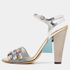 Fendi Sliver Leather and Fabric Crystals Embellished Ankle Strap Sandals Size 38