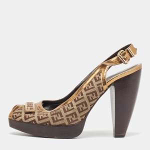 Pre Owned Fendi Gold/Beige Leather and Zucchino Canvas Peep Toe Slingback Pumps Size 40